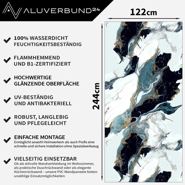 Aluverbund24 Logo. PVC Wandpaneel in Marmor-Optik, 122 mal 244 Zentimeter, wasserdicht, UV-beständig, flammenhemmend, glänzende Oberfläche.