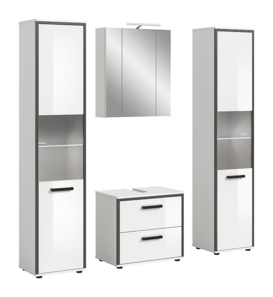 Modernes Badezimmermöbel-Set bestehend aus zwei Hochschränken mit Glaseinsatz, einem Waschbeckenunterschrank und einem Spiegelschrank.