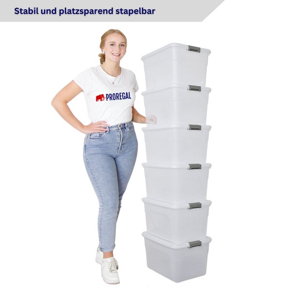 Stapelboxen aus Kunststoff mit grauem Verschluss, gestapelt