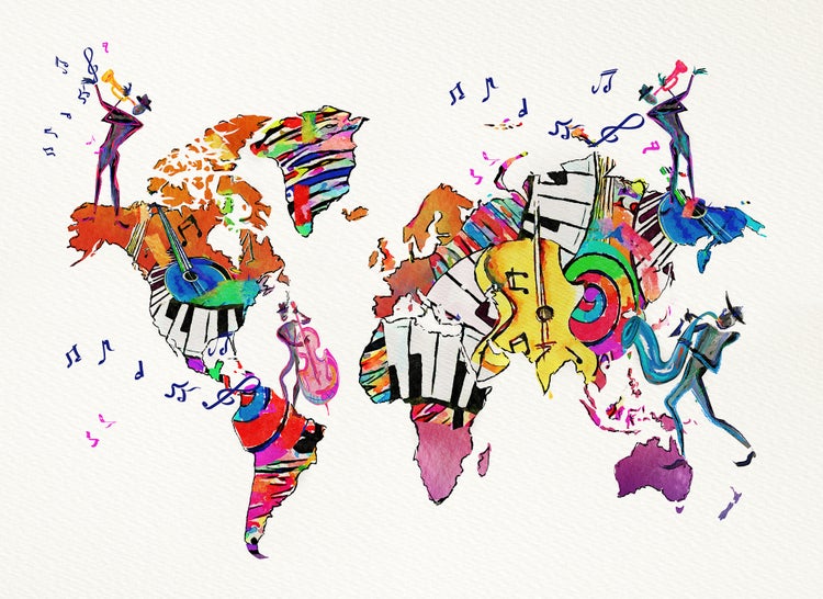 Abstrakte Weltkarte aus Musikinstrumenten wie Klaviertasten, Gitarren und Saxophonen mit Musikern und schwebenden Noten.