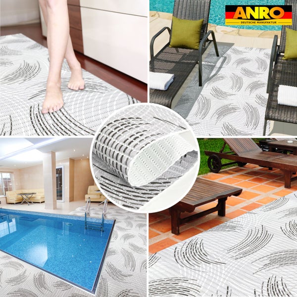 Läufer für innen und außen mit Muster, gezeigt am Pool, auf der Terrasse und im Haus. ANRO Deutsche Manufaktur Logo.