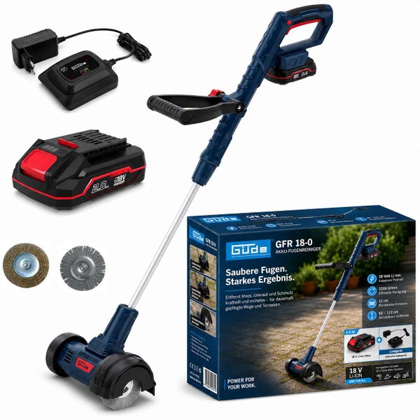 Akku-Fugenreiniger Güde GFR 18-0 Set inklusive 18 Volt Akku, Ladegerät, zwei Reinigungsbürsten und Originalverpackung.