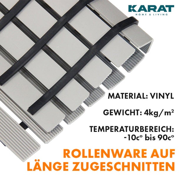 Detailansicht einer Vinyl Rollenware Bodenmatte mit dem Karat Home and Living Logo