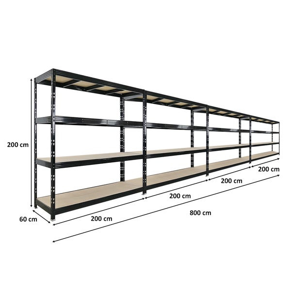 Langes Regal mit vier Ebenen, Maße: 200 cm hoch, 60 cm tief und 800 cm breit