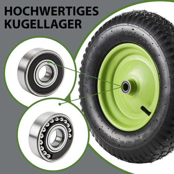 Schubkarrenrad mit Luftbereifung und Kugellager für den Austausch oder zur Nachrüstung im Gartenbedarf.