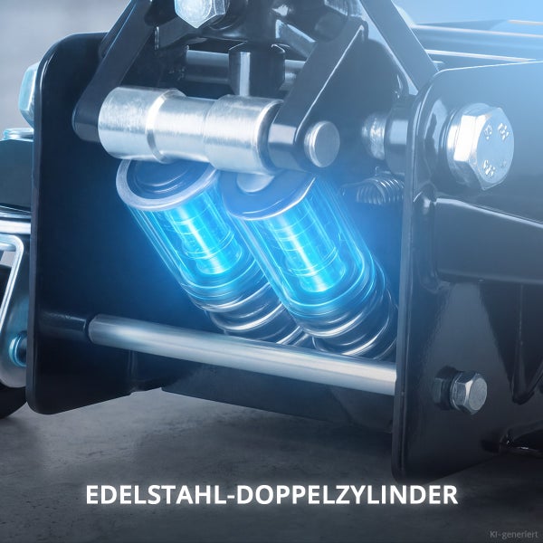 Detailansicht eines hydraulischen Rangierwagenhebers mit Edelstahl Doppelzylinder Mechanismus.