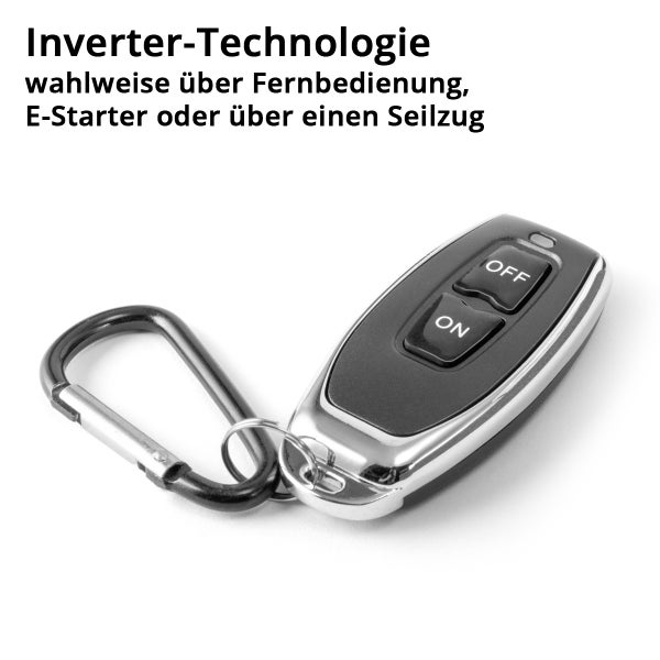 Fernbedienung für Inverter-Stromerzeuger mit Ein- und Aus-Taste sowie Karabinerhaken.