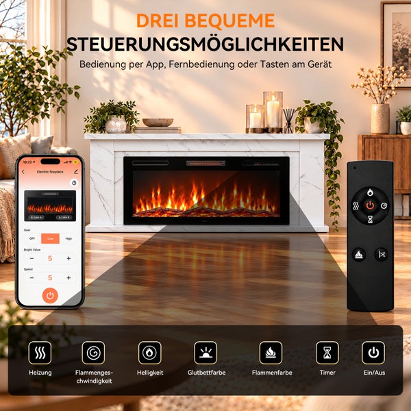 Elektrischer Kamin mit drei Steuerungsmöglichkeiten per App, Fernbedienung oder direkt am Gerät für ein gemütliches Ambiente im Wohnzimmer.