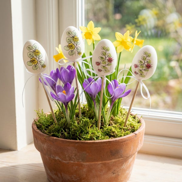Terrakotta Blumentopf mit Frühlingsblumen und dekorativen Ostersteckern mit floralem Motiv am Fenster.