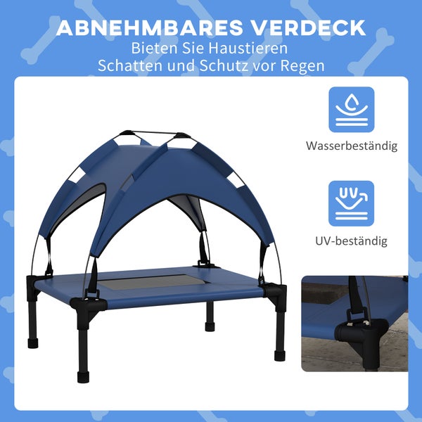 PawHut Erhöhtes Hundebett mit Baldachin, Haustierbett, Outdoor Hundeliege mit Dach, Atmungsaktiv, für Mini- und Kleinhunde Dunkelblau Oxford 61 x 46 x 63 cm