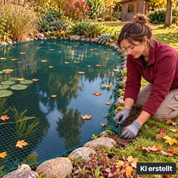 Eine Person befestigt ein Teichnetz an einem Gartenfischteich im Herbst, um fallendes Laub aufzufangen.