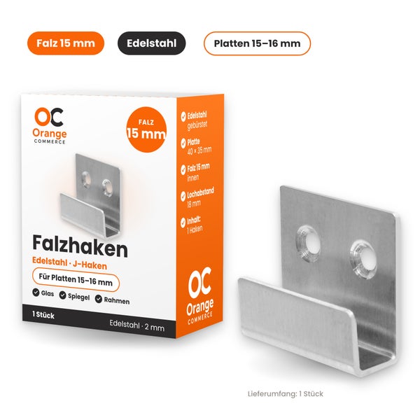 Falzhaken aus gebürstetem Edelstahl für 15 bis 16 Millimeter Platten, inklusive Verpackung und technischer Spezifikationen.