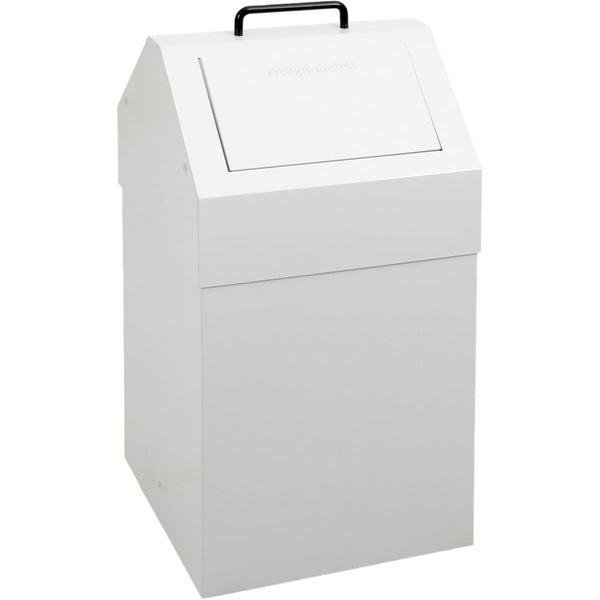 Stumpf Metall Abfallsammler aus weißem Metall mit Einwurfklappe und schwarzem Bügelgriff auf der Oberseite.