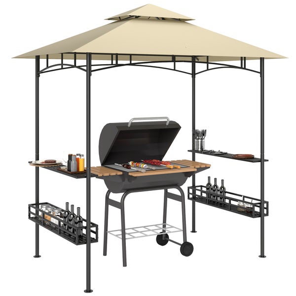 Outsunny Grillpavillon 240 x 150 x 257 cm wasserdicht flammhemmend Gartenpavillon mit Doppeldach, Seitenregalen, Gartenlauben mit UV-Schutz, BBQ Pavillon aus Stahl, Grillzelt für Party BBQ, Beige