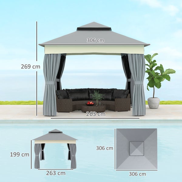 Gartenpavillon mit grauem Dach, Vorhängen und Lounge-Möbeln, Maße 306 mal 306 Zentimeter, Höhe 269 Zentimeter.