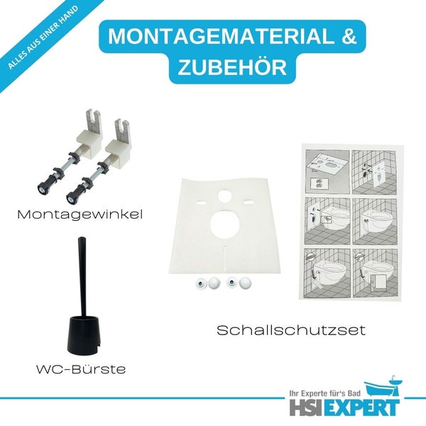 Montagematerial und Zubehör mit Montagehalterung, Schallschutzset und WC-Bürste.