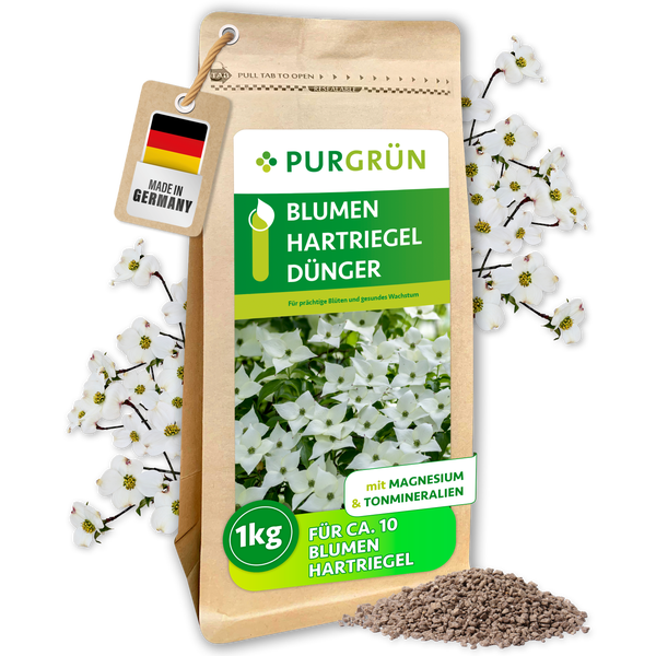 Purgrün Blumen Hartriegel Dünger 1 Kilogramm Packung mit Magnesium und Tonmineralien für kräftige Blüten und gesundes Pflanzenwachstum.