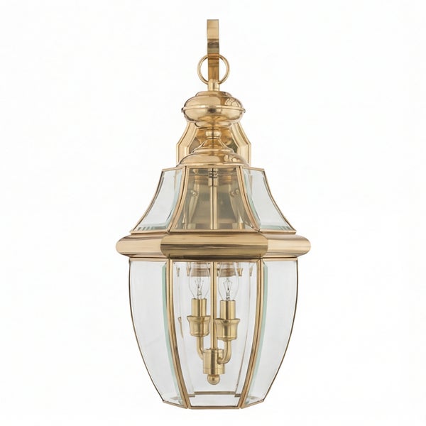Goldene Außenwandleuchte mit klaren Glasscheiben und drei Glühbirnen