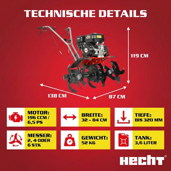 Technische Details der Motorhacke mit Angaben zu Motor, Messer, Breite, Gewicht, Tiefe und Tank