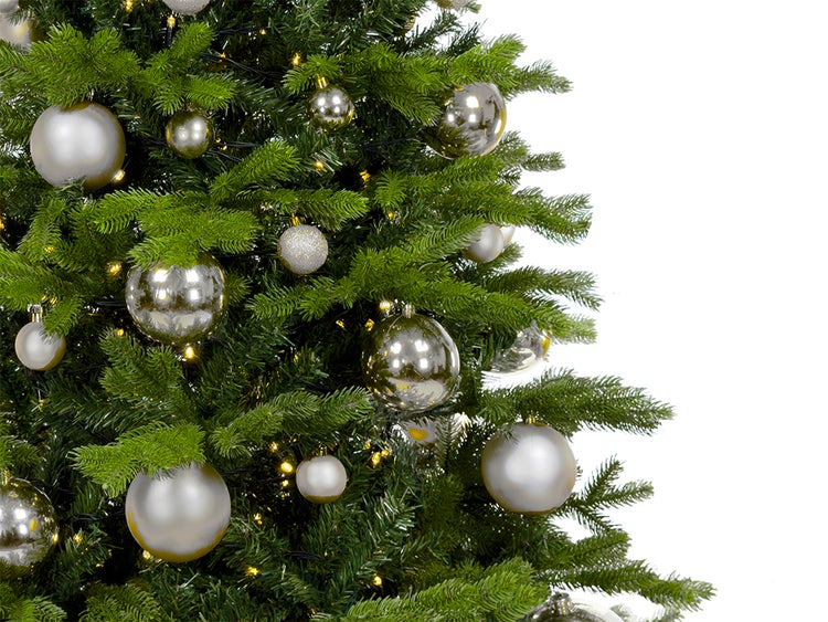 Dekorierter künstlicher Weihnachtsbaum mit 73 Ornamenten SILVER CHRISTMAS II 210 cm Baum mit Ständer und Christbaumschmuck