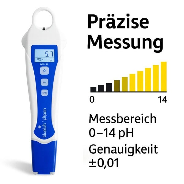 Bluelab pH-Messgerät mit Messbereich von 0 bis 14 pH und einer Genauigkeit von plusminus 0,01.