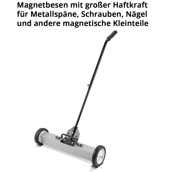 Magnetbesen mit langem Stiel und zwei Rädern zum Aufsammeln von Metallspänen, Schrauben und Nägeln.