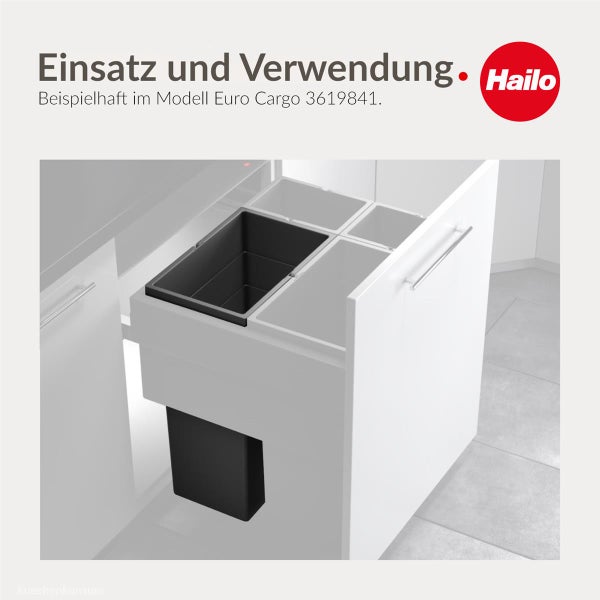 Hailo Mülltrennsystem Euro Cargo in einem Küchenschrank-Auszug mit mehreren Abfalleimern aus Kunststoff. Hailo Logo.
