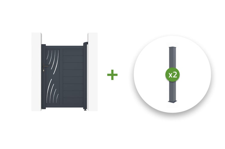 Anthrazitfarbenes Aluminium Gartentor mit dekorativem Wellenmuster und zwei passenden Pfosten.