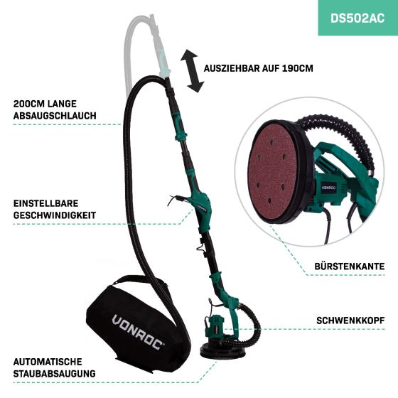 Vonroc Trockenbauschleifer DS502AC mit Teleskopstiel, Absaugschlauch und Staubbeutel für Wände und Decken.