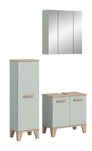 Badezimmermöbel Set bestehend aus Spiegelschrank, Waschbeckenunterschrank und Hochschrank mit Holzoptik Akzenten.