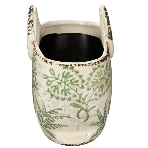 Keramik-Übertopf mit Henkeln und grünem Pflanzenmuster im Vintage-Design.