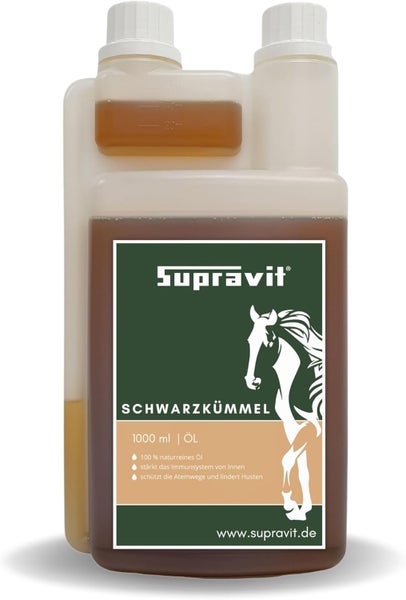 Supravit Schwarzkümmel Öl, 1000 ml Flasche, zur Unterstützung des Immunsystems und zur Linderung von Husten bei Pferden.