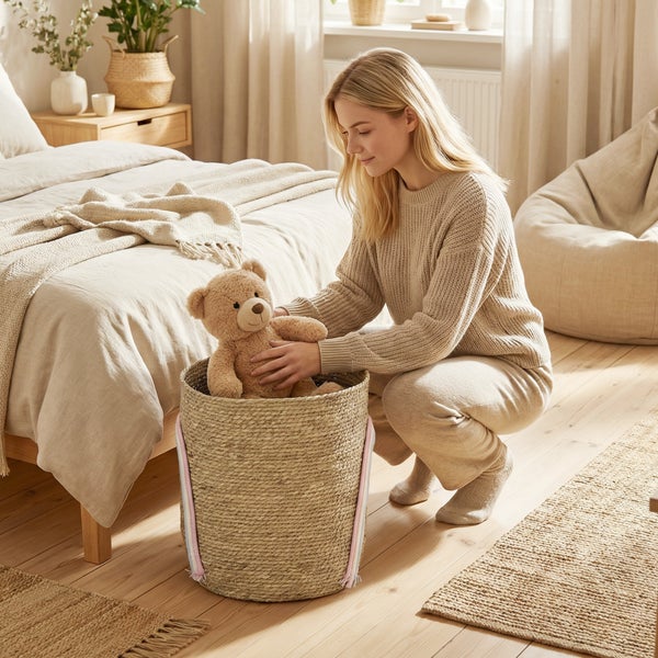 Helles Schlafzimmer mit Holzboden und Jute-Teppichen. Eine Frau kniet neben einem geflochtenen Korb und legt einen Teddybären hinein.