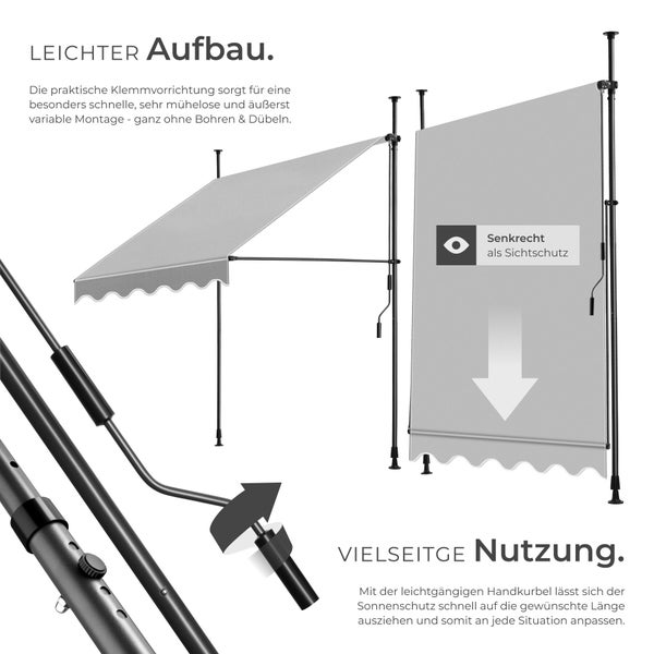 Klemmmarkise zur Montage ohne Bohren, nutzbar als Sonnenschutz oder vertikaler Sichtschutz, inklusive Handkurbel.