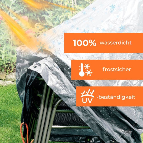 Schutzhülle für Gartenmöbel im Einsatz mit Symbolen für 100 Prozent wasserdicht, frostsicher und UV-beständig.