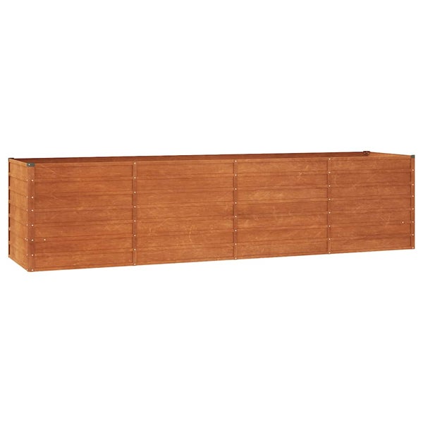 Rechteckiges, langes Hochbeet aus braunem Holz für den Garten.
