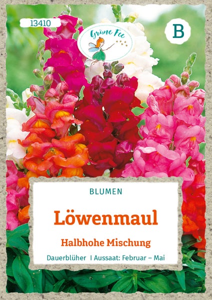 Samentüte Löwenmaul, halbhohe Mischung von Grüne Fee Logo. Bunte Blüten, Aussaat von Februar bis Mai, Preisgruppe B.