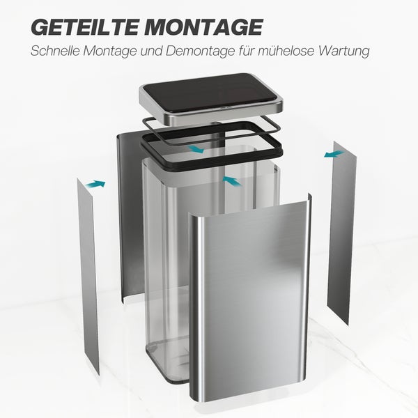 Explosionszeichnung eines rechteckigen Mülleimers mit Sensordeckel, Rahmen, Innenbehälter und Edelstahlgehäuse für einfache Montage und Wartung.