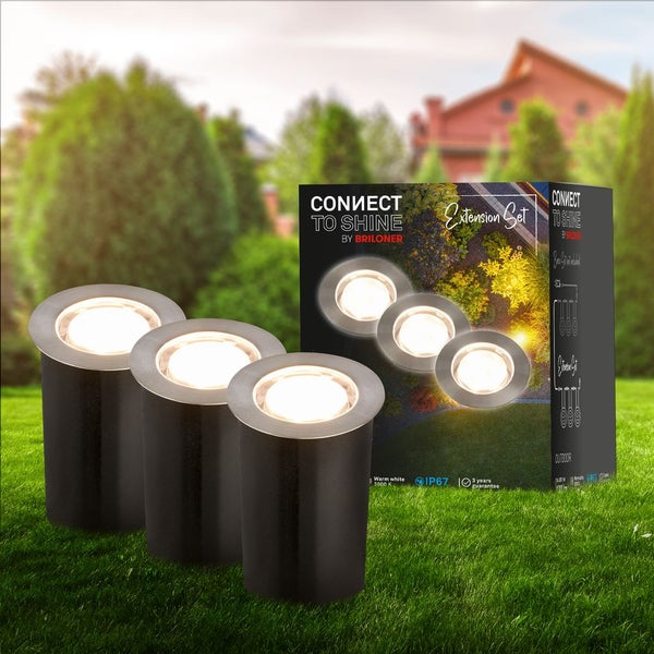 Briloner Connect to Shine Erweiterungsset mit drei LED-Bodenstrahlern für den Außenbereich.