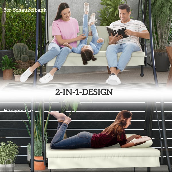 Outsunny 2 in 1 Hollywoodschaukel mit Liegefunktion 3-Sitzer Gartenschaukel mit verstellbarem Sonnendach, Schaukelbank belast bis 240kg, Gartenliege für Garten, Terrasse, 200x125x170 cm, Cremeweiß