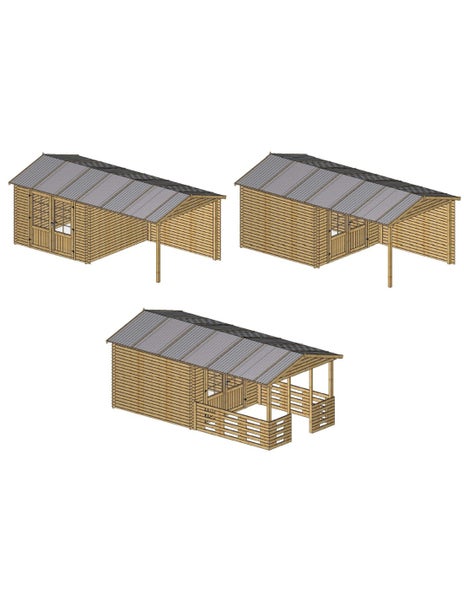 Drei Varianten eines Gartenhauses aus Holz mit Satteldach und verschiedenen Anbaumöglichkeiten wie Schleppdach oder Terrasse.