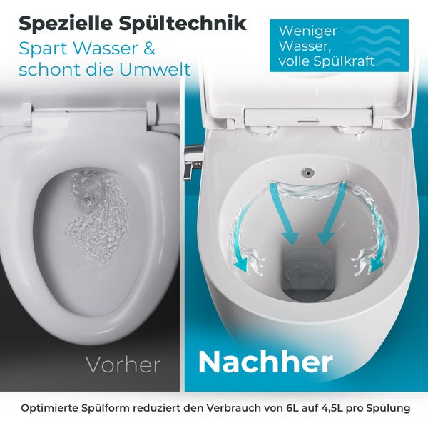 Vorher-Nachher-Vergleich eines WCs mit optimierter Spülform zur Reduzierung des Wasserverbrauchs.