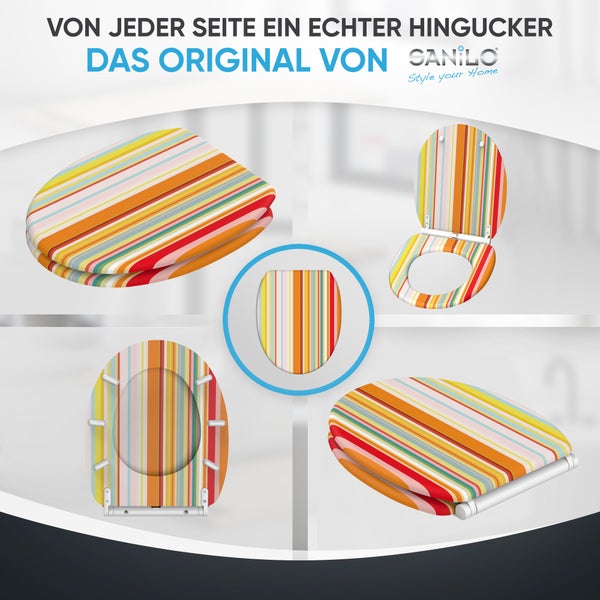 Sanilo WC-Sitz mit buntem Streifenmuster in verschiedenen Ansichten: geschlossen, geöffnet und von der Unterseite. Sanilo Logo.