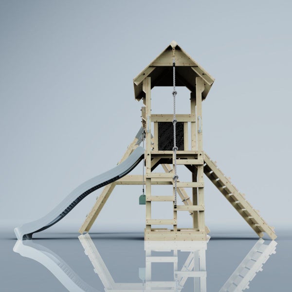 Spielturm aus Holz mit Rutsche, Kletterseil und Leiter für den Garten