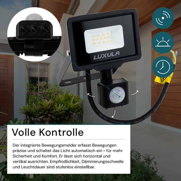 LUXULA LED Außenstrahler mit Bewegungsmelder 10W Strahler 4000K Neutralweiß 1000lm Fluter Schwarz IP65