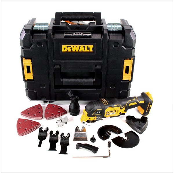 DeWALT Akku-Multifunktionswerkzeug mit TSTAK-Transportkoffer und Zubehör wie Schleifblättern, Sägeblättern und Adaptern.