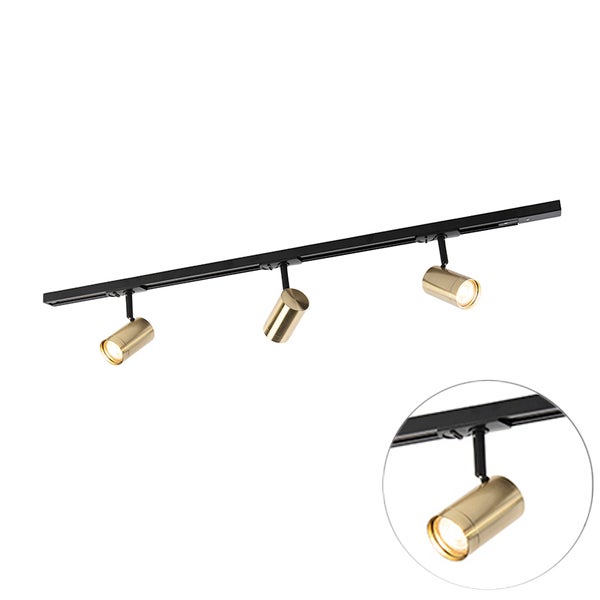 Schienensystem mit drei verstellbaren zylindrischen Strahlern in Gold auf einer schwarzen Schiene.