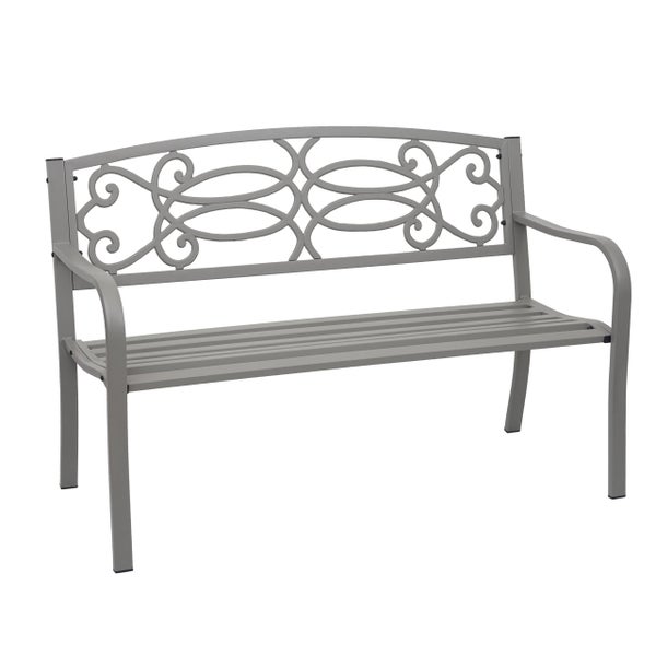Graue Gartenbank aus Metall mit dekorativer Rückenlehne und Latten-Sitzfläche.