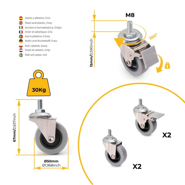 Vier Möbelrollen, zwei mit Feststeller. Gewindestift M8 mal 15 Millimeter. Rollendurchmesser 50 Millimeter, Tragkraft 30 Kilogramm.