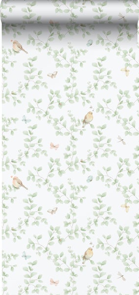 Sanders und Sanders Tapete Blumen und Vögel Hellgrün und Weiß - 53 cm x 10.05 m - 640625